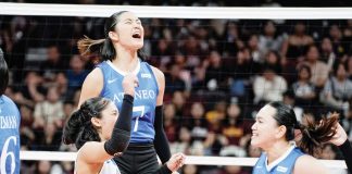 Sophia Beatriz Buena celebrates with her Ateneo de Manila University Blue Eagles teammates after their straight set win over University of the Philippines Fighting Maroons. UAAP PHOTO