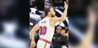 Golden State Warriors’ Stephen Curry reacts after a halfcourt shot against Orlando Magic. PHOTO COURTESY LF NATHAN RAY SEEBECK-IMAGN IMAGES