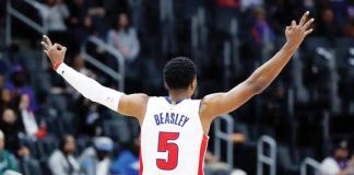 Detroit Pistons guard Malik Beasley (5) celebrates after converting a three-pointer. PHOTO COURTESY OF RICK OSENTOSKI/IMAGN IMAGES