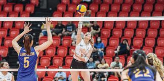 Rachel Anne Daquis of Farm Fresh Foxies drops the ball towards the Capital1 Solar Energy Solar Spikers’ defense. PVL PHOTO