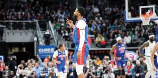 Detroit Pistons guard Malik Beasley reacts after scoring a three-point basket against Boston Celtics. PHOTO COURTESY OF NIC ANTAYA/GETTY IMAGES