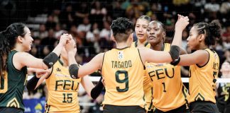 Members of Far Eastern University Lady Tamaraws celebrate after defeating University of Santo Tomas Golden Tigresses. UAAP PHOTO