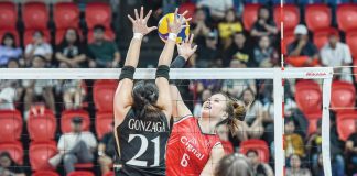 Ishie Lalongisip of Cignal HD Spikers tries to score against the defense of Guimarasnon Jovelyn Gonzaga of ZUS Coffee Thunderbelles. PVL PHOTO