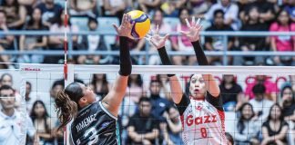 Ilongga Aiza Maizo-Pontillas of Petro Gazz Angels attempts to block the shot of Galeries Tower Highrisers’ Ysabel Jimenez. PVL PHOTO