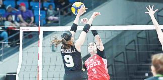 Ilongga Aiza Maizo-Pontillas of Petro Gazz Angels tries to score against Chiara Permentilla of NxLed Chameleons. PVL PHOTO