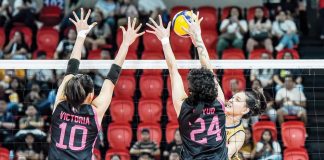 Capital1 Solar Energy Solar Spikers’ Leila Cruz had her shot blocked by the defense of Negrense Christine Joy Soyud of Akari Power Chargers. PVL PHOTO