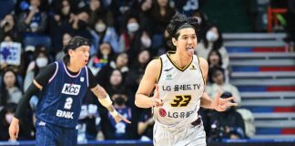 Carl Tamayo of Changwon LG Sakers celebrates after scoring a three-pointer. KBL PHOTO