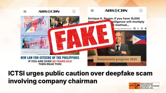 ICTSI_resized These fraudulent materials falsely portray ICTSI Chairman Enrique K. Razon Jr. promoting investment opportunities. These claims are entirely untrue.