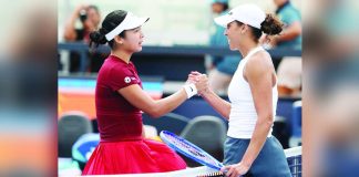 Filipina tennis star Alexandra Eala shakes hands with Madison Keys after their Miami Open encounter. GETTY IMAGES