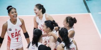Members of the Emilio Aguinaldo College Lady Generals, led by Ilongga Elizza Alimen, celebrate their win against the San Beda University Lady Red Spikers. PHOTO COURTESY OF NCAA/GMA SPORTS