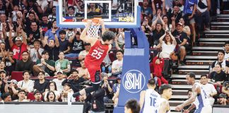 Barangay Ginebra San Miguel Kings’ Japeth Aguilar scores on a two-handed dunk. PBA PHOTO