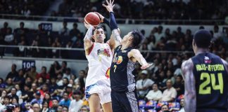 Rain or Shine Elasto Painters’ Caelan Tiongson pulls up for a basket against the defense of TNT Tropang Giga’s John Paul Erram. PBA PHOTO