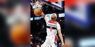 Washington Wizards’ Bilal Coulibaly rises for a two-handed dunk. PHOTO COURTESY OF GEOFF BURKE/IMAGN IMAGES