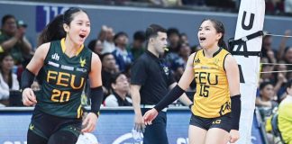 Negrense Ann Monares and Gerzel Petallo of Far Eastern University Lady Tamaraws celebrate after their win over University of Santo Tomas Golden Tigresses. UAAP PHOTO