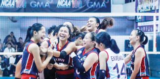 Members of Colegio de San Juan de Letran Lady Knights celebrate their win over the College of St. Benilde Lady Blazers. PHOTO COURTESY OF NCAA/GMA SPORTS