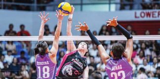 Negrense Christine Joy Soyud of Akari Power Chargers scores against the defense of Choco Mucho Flying Titans’ Cherry Rondina. PVL PHOTO