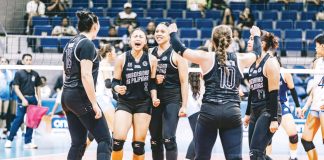 Members of the University of the Philippines Fighting Maroons celebrate their tight win over Adamson University Lady Falcons. UAAP PHOTO