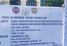 This is the signboard for the controversial P95.5-million esplanade and coastal road project in San Jose, Antique. Critics raise concern about the project’s environmental impact.
