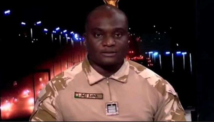 This is a screengrab of Burkina Faso Security Minister Mahamadou Sana while making the attempt coup announcement on Radiodiffusion Télévision du Burkina (RTB) on April 21. RTB