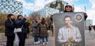 Supporters of former President Rodrigo Duterte demonstrate outside the International Criminal Court in The Hague, Netherlands. AP
