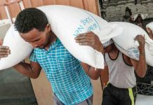 Ethiopians one shock away from catastrophe – UN A man in a green short-sleeved shirt carries a sack of food aid out of a warehouse. another person carrying a sack can be seen behind him. The United Nations’ World Food Programme has said it has reached three million people so far this year “in the face of immense challenges”. AFP