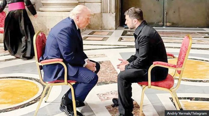 Russia-1 Unites States President Donald Trump and Ukraine President Volodymyr Zelensky sit on chairs, engrossed in conversation during their meeting inside St. Peter's Basilica. ANDRIY YERMAK/TELEGRAM IMAGES