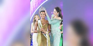 Alexie Mae Caimoso Brooks (left) is crowned Miss Eco International 2025 by outgoing queen Angelina Usanova (right) of Ukraine in Alexandria, Egypt on April 19 (April 20 in the Philippines). MISSOSOLOGY PHOTO