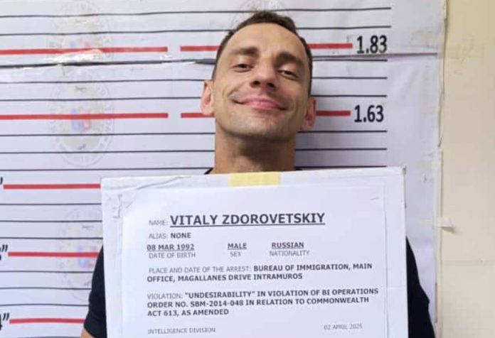 Mugshot of Russian vlogger Vitaly Zdorovetskiy. BUREAU OF IMMIGRATION PHOTO
