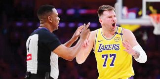 Los Angeles Lakers guard Luka Doncic (77) reacts to a technical call against him in the fourth quarter. PHOTO COURTESY OF GARY A. VASQUEZ-IMAGN IMAGES