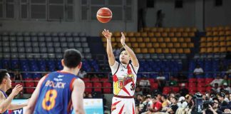 San Miguel Beermen’s Juan Miguel Tiongson pulls up for an outside basket. PBA PHOTO