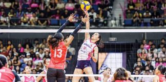 Creamline Cool Smashers’ Bea de Leon tries to score against the defense of Petro Gazz Angels’ MarJana Phillips. PVL PHOTO