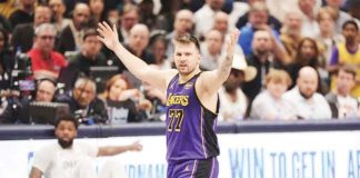 Los Angeles Lakers star Luka Doncic reacts to a play against his former team, Dallas Mavericks. AP