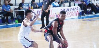 Omar Larupay of Basilan Viva Portmasters tries to attack the defense of fellow Ilonggo, John Rey Sumido of Bulacan Kuyas. MPBL PHOTO