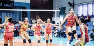 Members of Mapua University Lady Cardinals celebrate after their win over University of Perpetual Help Lady Altas. PHOTO COURTESY OF NCAA/GMA SPORTS