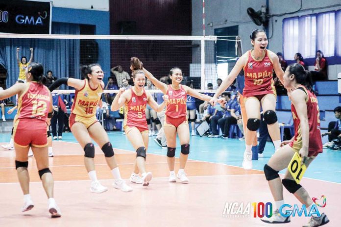 sports_Mapua_1_resized Members of Mapua University Lady Cardinals celebrate after their win over University of Perpetual Help Lady Altas. PHOTO COURTESY OF NCAA/GMA SPORTS