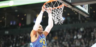 Denver Nuggets' Russell Westbrook soars for a two-handed dunk. Photo Courtesy of John E. Sokolowski/Imagn Images