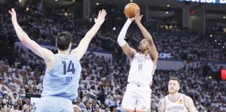 Oklahoma City Thunder's Jalen Williams pulls up for a shot against the defense of Memphis Grizzlies' Zach Edey. AP PHOTO
