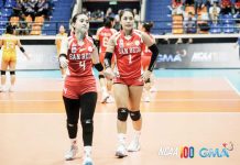 Negrense Amber Lily Biong and Angel Habacon of San Beda University Lady Red Spikers. PHOTO COURTESY OF NCAA/GMA SPORTS
