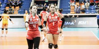 Negrense Amber Lily Biong and Angel Habacon of San Beda University Lady Red Spikers. PHOTO COURTESY OF NCAA/GMA SPORTS