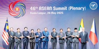 Leaders of member-states of the Association of Southeast Asian Nations hold hands during the opening of this year’s ASEAN Summit in Kuala Lumpur, Malaysia. PCO