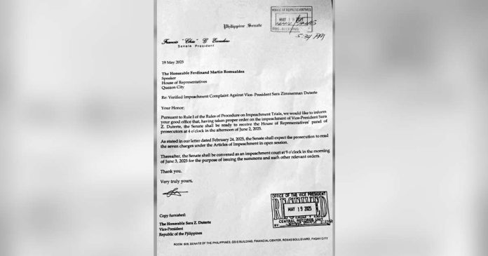 The Senate has invited prosecutors from the House of Representatives to attend the impeachment trial of Vice President Sara Duterte. Photo from Senate President Francis Escudero’s office