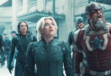 (From left) Bucky Barnes (Sebastian Stan), Ghost (Hannah John-Kamen), Yelena Belova (Florence Pugh), John Walker (Wyatt Russell), and Red Guardian/Alexei Shostakov (David Harbour) in Marvel Studios' “Thunderbolts*” PHOTO COURTESY OF MARVEL STUDIOS © 2024 MARVEL