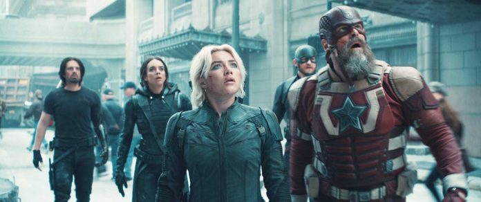 Thunderbolts-1 (From left) Bucky Barnes (Sebastian Stan), Ghost (Hannah John-Kamen), Yelena Belova (Florence Pugh), John Walker (Wyatt Russell), and Red Guardian/Alexei Shostakov (David Harbour) in Marvel Studios' “Thunderbolts*” PHOTO COURTESY OF MARVEL STUDIOS © 2024 MARVEL