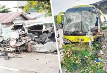 A tourist transport van (left) was completely wrecked after it overshot its lane and collided with an oncoming bus (right) in Barangay Fragante, Pandan, Antique on Monday morning, May 19, 2025. Police said the van driver was killed and nine other were injured. JANE TANDO BIONCIO/FACEBOOK PHOTOS