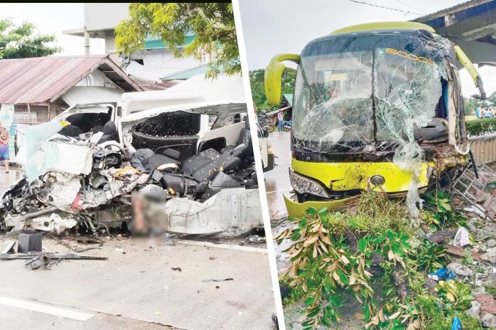 antique-van-bus A tourist transport van (left) was completely wrecked after it overshot its lane and collided with an oncoming bus (right) in Barangay Fragante, Pandan, Antique on Monday morning, May 19, 2025. Police said the van driver was killed and nine other were injured. JANE TANDO BIONCIO/FACEBOOK PHOTOS
