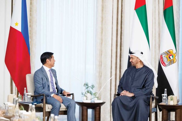 free-trade-deal-1 President Ferdinand R. Marcos Jr. (left) meets with United Arab Emirates President, His Highness Sheikh Mohamed bin Zayed Al Nahyan during the former's official visit in UAE in November 2024. The Philippines and UAE are set to sign the Comprehensive Economic Partnership Agreement next month. PCO FILE PHOTO