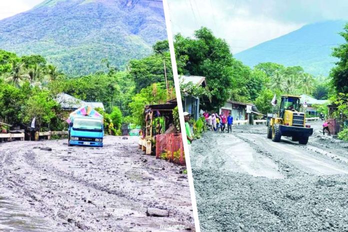 mudflow Teams from various local government units, national agencies, and the Philippine Red Cross work together on Saturday, May 24, to clear thick volcanic mud and debris that rendered roads impassable in Sitio Tamburong, Barangay Biak-na-Bato, La Castellana, Negros Occidental, following a lahar overflow triggered by heavy rainfall and ash deposits from Mount Kanlaon. PHOTO FROM CIVIL DEFENSE WESTERN VISAYAS FACEBOOK PAGE
