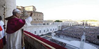Pope Leo XIV blesses the thousands of people gathered at St. Peter’s Square at the Vatican after he was elected the 267th successor of Saint Peter and leader of the 1.4-billion Catholics.