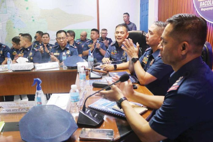 police-deployment Brigadier General Arnold Thomas Ibay (second from right), officer-in-charge of the Police Regional Office-Negros Island Region, made his first official command visit to the Bacolod City Police Office, on Monday, May 5, 2025. BCPO PHOTO