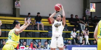 Bacolod Tubo Slashers’ Jaycee Adjei pulls up for a basket against a Parañaque Patriots defender. MPBL PHOTO